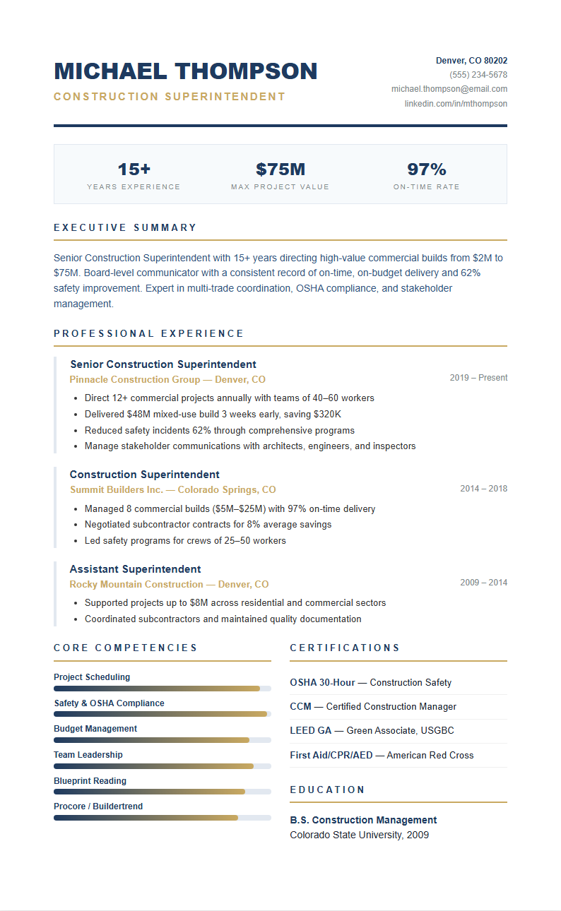 Executive construction superintendent resume